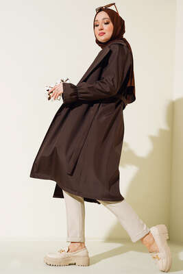 Bileği Lastikli Şal Yaka Trençkot Kestane - Thumbnail