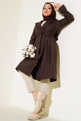 Bileği Lastikli Şal Yaka Trençkot Kestane - Thumbnail