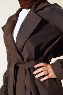 Bileği Lastikli Şal Yaka Trençkot Kestane - Thumbnail