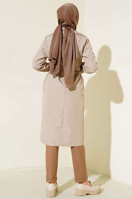 Bileği Lastikli Şal Yaka Trençkot Bej - Thumbnail