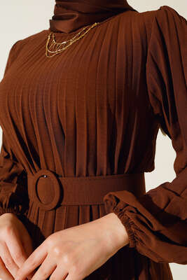 Piliseli Kemerli Ayrobin Elbise Kahve - Thumbnail