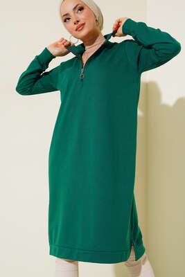 Pazarium - Yarım Fermuarlı Basıc Uzun Tunik Zümrüt Yeşili