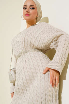 Saç Örgülü Triko Elbise Bej - Thumbnail