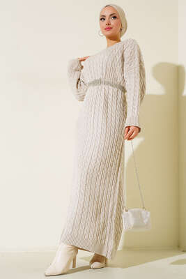 Saç Örgülü Triko Elbise Bej - Thumbnail