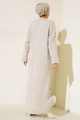 Saç Örgülü Triko Elbise Bej - Thumbnail