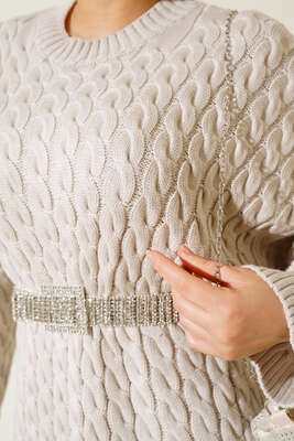 Saç Örgülü Triko Elbise Bej - Thumbnail