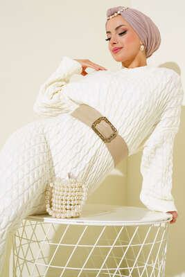 Saç Örgülü Triko Elbise Ekru - Thumbnail