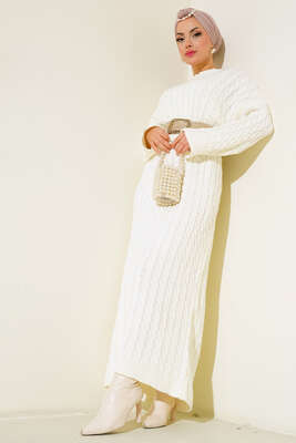 Saç Örgülü Triko Elbise Ekru - Thumbnail