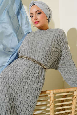 Saç Örgülü Triko Elbise Gri - Thumbnail