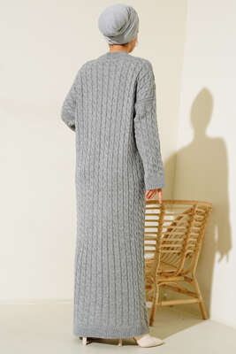 Saç Örgülü Triko Elbise Gri - Thumbnail