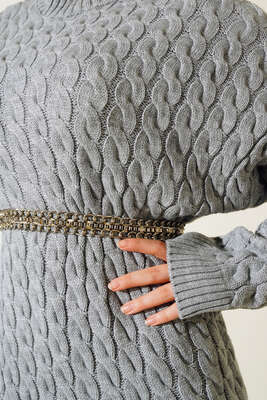 Saç Örgülü Triko Elbise Gri - Thumbnail