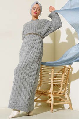 Saç Örgülü Triko Elbise Gri - Thumbnail