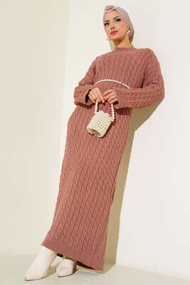 Saç Örgülü Triko Elbise Gül Kurusu - Thumbnail