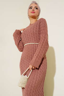 Saç Örgülü Triko Elbise Gül Kurusu - Thumbnail