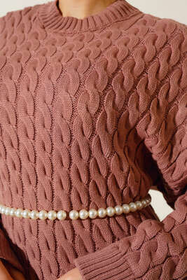 Saç Örgülü Triko Elbise Gül Kurusu - Thumbnail