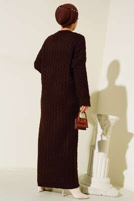 Saç Örgülü Triko Elbise Kahve - Thumbnail