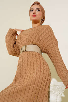 Saç Örgülü Triko Elbise Latte - Thumbnail