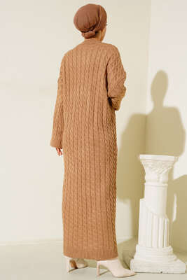 Saç Örgülü Triko Elbise Latte - Thumbnail