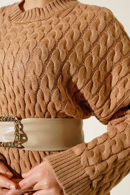 Saç Örgülü Triko Elbise Latte - Thumbnail