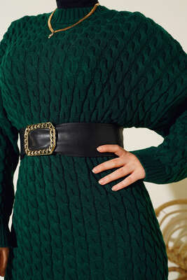 Saç Örgülü Triko Elbise Zümrüt Yeşili - Thumbnail