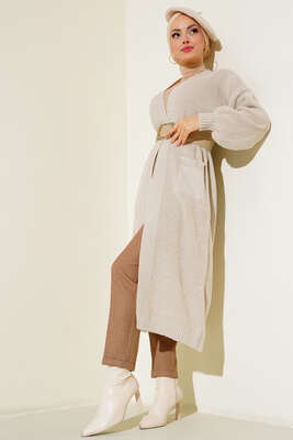 Balon Kol Triko Hırka Bej - Thumbnail