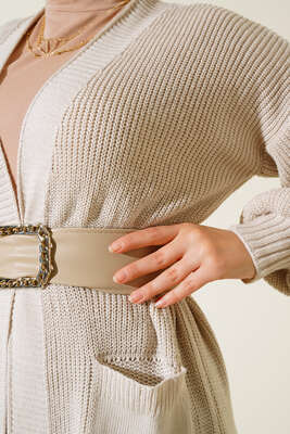 Balon Kol Triko Hırka Bej - Thumbnail