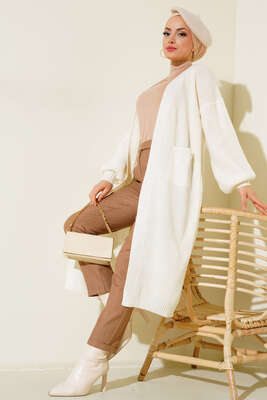 Balon Kol Triko Hırka Ekru - Thumbnail