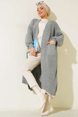 Balon Kol Triko Hırka Gri - Thumbnail