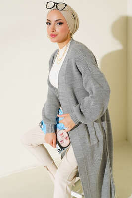 Balon Kol Triko Hırka Gri - Thumbnail