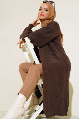 Balon Kol Triko Hırka Kahve - Thumbnail