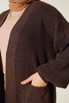 Balon Kol Triko Hırka Kahve - Thumbnail