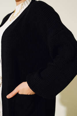 Balon Kol Triko Hırka Siyah - Thumbnail