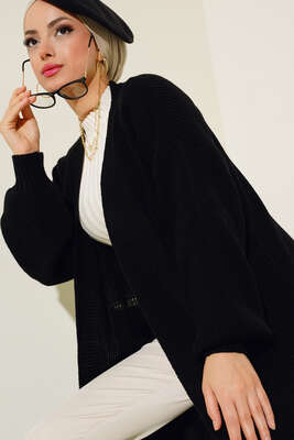 Balon Kol Triko Hırka Siyah - Thumbnail