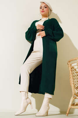 Balon Kol Triko Hırka Zümrüt Yeşili - Thumbnail