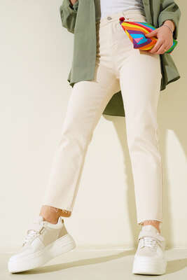 Pazarium - Yüksek Bel Boru Paça Kot Pantolon Taş