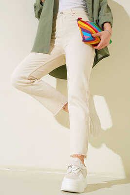 Yüksek Bel Boru Paça Kot Pantolon Taş - Thumbnail