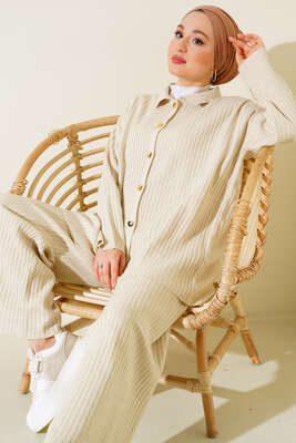Önü Düğmeli Fitilli Triko İkili Takım Bej - Thumbnail