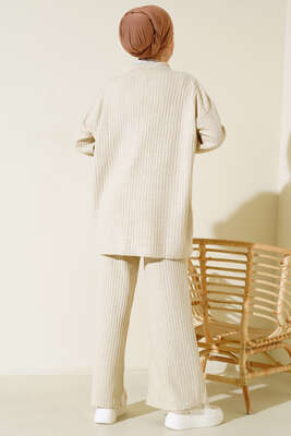 Önü Düğmeli Fitilli Triko İkili Takım Bej - Thumbnail