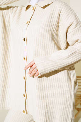 Önü Düğmeli Fitilli Triko İkili Takım Bej - Thumbnail