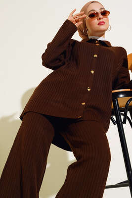 Önü Düğmeli Fitilli Triko İkili Takım Kahve - Thumbnail