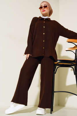 Önü Düğmeli Fitilli Triko İkili Takım Kahve - Thumbnail