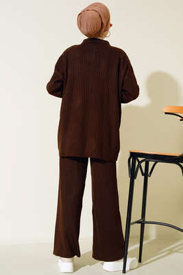 Önü Düğmeli Fitilli Triko İkili Takım Kahve - Thumbnail