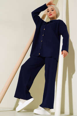 Önü Düğmeli Fitilli Triko İkili Takım Lacivert - Thumbnail