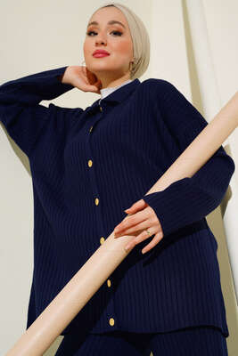 Önü Düğmeli Fitilli Triko İkili Takım Lacivert - Thumbnail