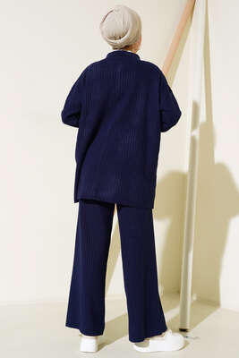 Önü Düğmeli Fitilli Triko İkili Takım Lacivert - Thumbnail