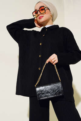 Önü Düğmeli Fitilli Triko İkili Takım Siyah - Thumbnail