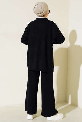 Önü Düğmeli Fitilli Triko İkili Takım Siyah - Thumbnail