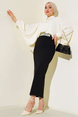 Yarasa Kol Ön Düğmeli Gömlek Ekru - Thumbnail