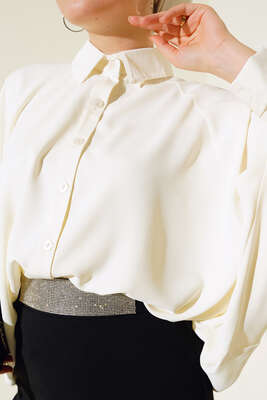 Yarasa Kol Ön Düğmeli Gömlek Ekru - Thumbnail