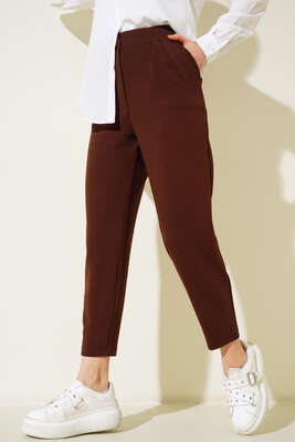 Pazarium - Düğmeli Pileli Pantolon Kahve